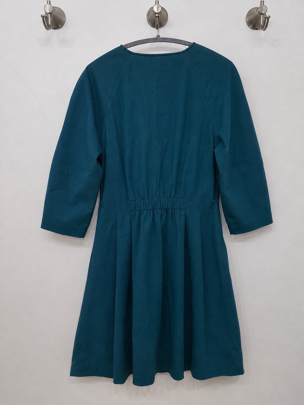 Madewell Sculptural-Sleeve Pleated Mini Shirt Dress Teal Green fit flare a-line - Picture 6 of 11